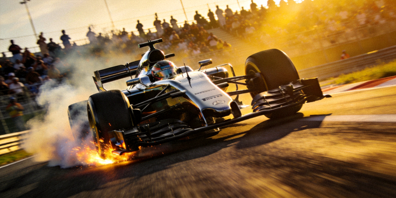 F1一级方程式赛车在赛道上飞驰的动感画面