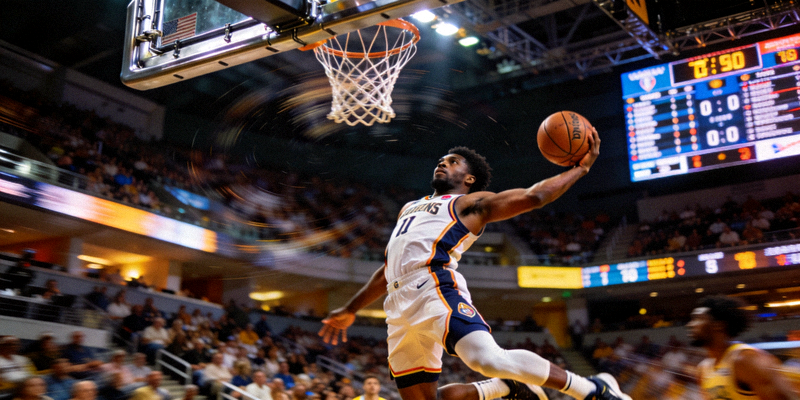 NBA篮球比赛精彩瞬间，球员扣篮动作
